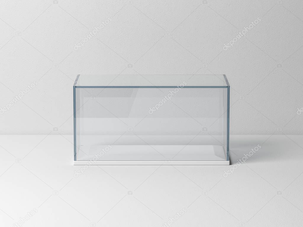 Empty glass box package mockup for exhibit, 3d rendering