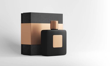 Siyah parfüm şişe Mockup siyah hediye kutusu ile. 3d render