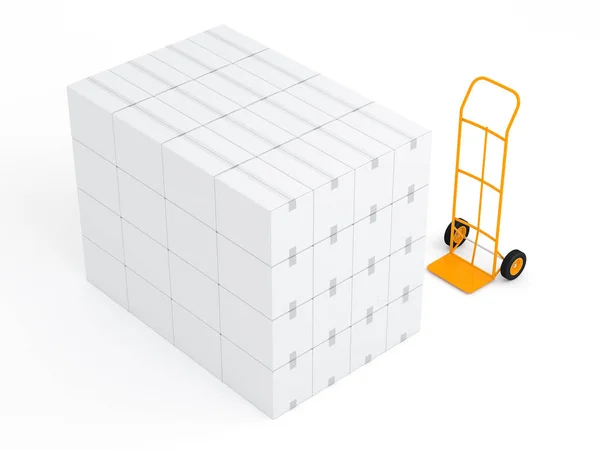 Beyaz Stüdyoda Beyaz Cardbord Kutuları Yığını Ile Sarı Kamyon Render — Stok fotoğraf