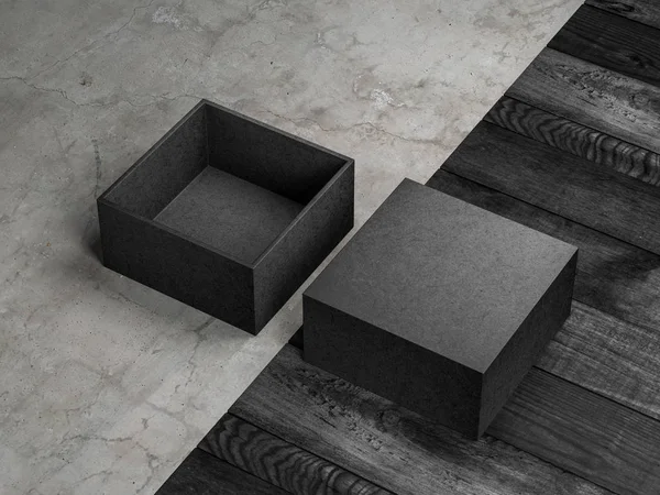 Two Black Boxes Mockup opened and closed, square packaging on wooden and concrete floor, 3d rendering