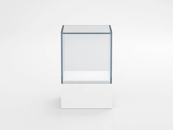 Blank white glass showcase cube mock up, isolated, 3d rendering