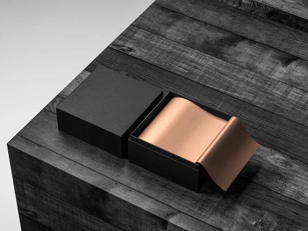 Caixa Presente Preta Quadrada Aberta Mockup Com Papel Embrulho Dourado — Fotografia de Stock