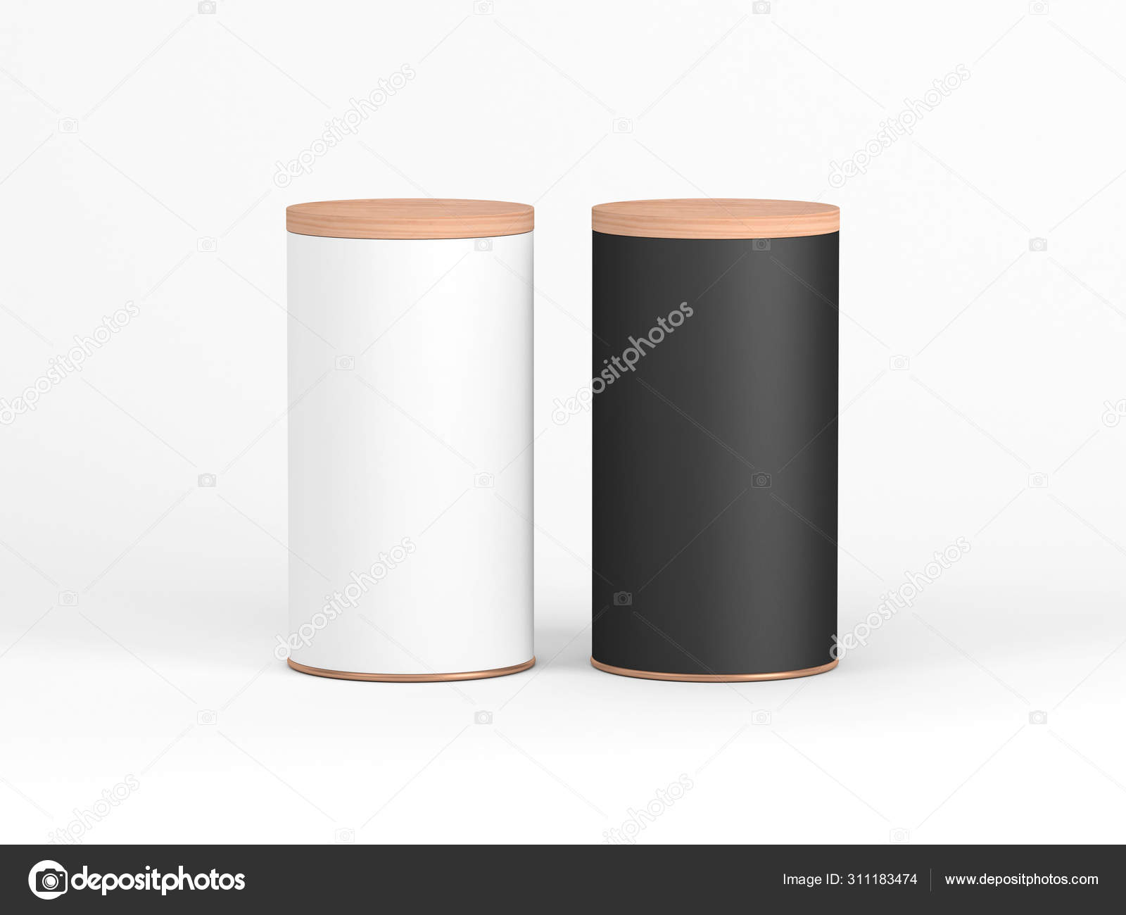 Download Two Tin Can Mockup Wooden Lid Black White Cylindrical Packaging Stock Photo Image By C Customdesigner 311183474