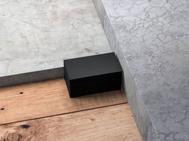 Siyah kartvizitler ahşap masa üzerinde soyut beton arka planda. 3d oluşturma