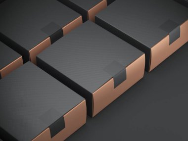 Siyah etiket ve siyah kapaklı altın kutular. 3d oluşturma