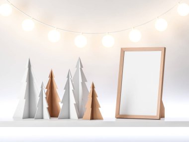 Noel Ağaçları ve çelenk lambalarıyla dikey Poster Çerçevesi, 3D görüntüleme