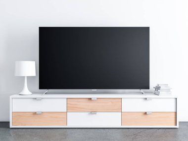 Modern odada boş ekranı olan akıllı TV Mockup, 3D görüntüleme