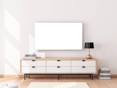 Modern odada boş ekranı olan akıllı TV Mockup, 3D görüntüleme