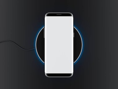 Kablosuz şarj cihazında büyük beyaz ekranlı siyah, modern akıllı telefon modeli, 3D görüntüleme