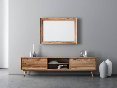 Yatay ahşap çerçeve. Gri duvara asılı. Posterinizi ya da sanat eserlerinizi yapıştırın.