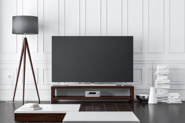 Modern odada boş ekranı olan akıllı TV Mockup, 3D görüntüleme
