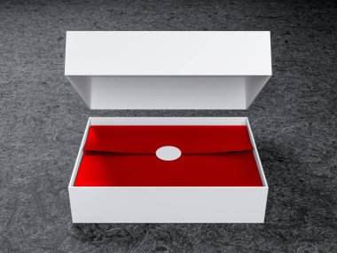 Beyaz, Kırmızı ambalaj kağıdı ve etiket etiketi ile Kutu Mockup 'ı açtı, 3d biçimlendirme