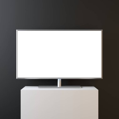 Metal çerçeveli ve ayakta duran akıllı televizyon. Siyah duvarda beyaz perde var. Gerçekçi, 3D görüntüleme