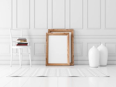 Dikey Tahta Çerçeve posteri, yerde duran Mockup, 3D