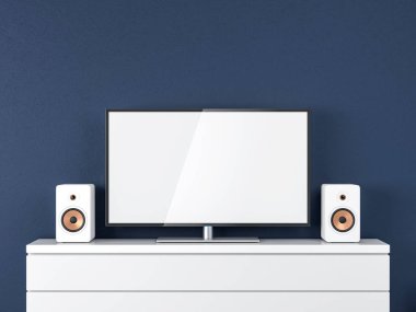 Beyaz ekranlı akıllı TV Mockup ve beyaz çekmeceli stereo hoparlörler. 3d oluşturma