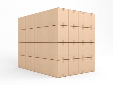 Karton kutular yığını. Beyaz stüdyoda modelleme, 3D görüntüleme.