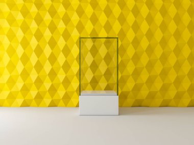 Sarı duvarda boş beyaz cam vitrin kutusu modeli, 3 boyutlu.