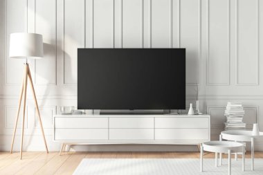 Modern odada boş ekranı olan akıllı TV Mockup, 3D görüntüleme