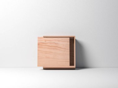 Tahta kontrplak kutuyu aç. Beyaz duvara karşı Mockup yap. 3d oluşturma