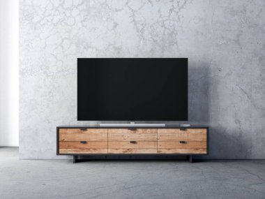 Modern odada boş ekranı olan akıllı TV Mockup, 3D görüntüleme