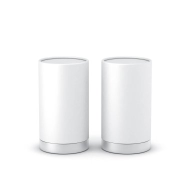 Metal kapaklı iki adet beyaz kağıt teneke kutu. 3d oluşturma