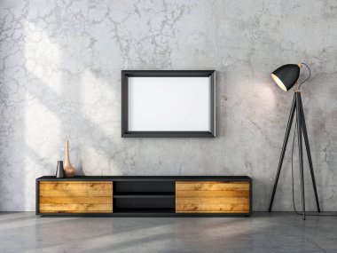 Yatay siyah ahşap poster çerçevesi. Oturma odasında televizyon konsolu ve 3D görüntüsü var.