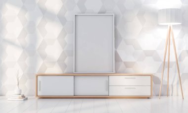 Modern iç mekanda konsolun üzerinde duran beyaz desenli katı duvarlı poster Frame Mockup. 3d oluşturma