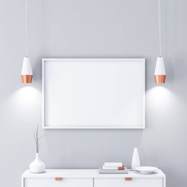 Yatay poster çerçevesi duvarda asılı, 3D görüntüleme