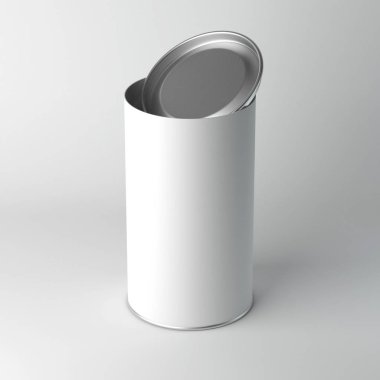 Açık kapaklı, kapaklı beyaz teneke kutu ambalajı. Çay, kahve, kuru ürünler, hediye paketi. 3d oluşturma