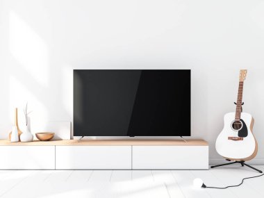 Modern odada boş ekranı olan akıllı TV Mockup, 3D görüntüleme