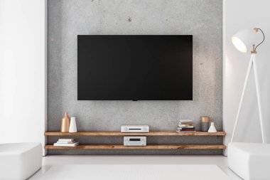 Modern odada boş ekranı olan akıllı TV Mockup, 3D görüntüleme