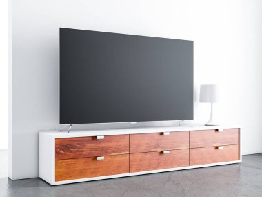 Modern odada boş ekranı olan akıllı TV Mockup, 3D görüntüleme