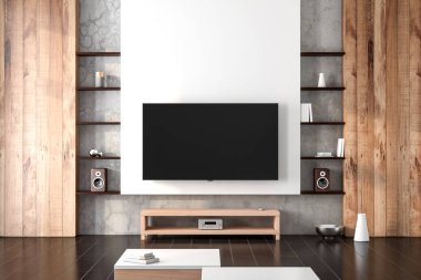 Modern odada boş ekranı olan akıllı TV Mockup, 3D görüntüleme