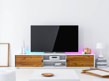Modern odada boş ekranı olan akıllı TV Mockup, 3D görüntüleme