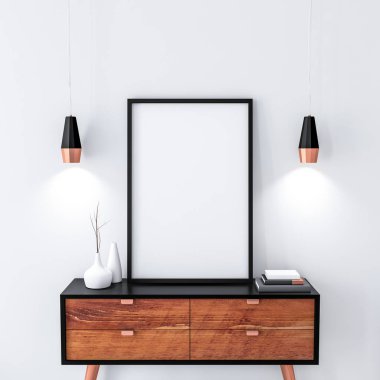 Modern büroda Siyah Poster Çerçevesi. 3d oluşturma