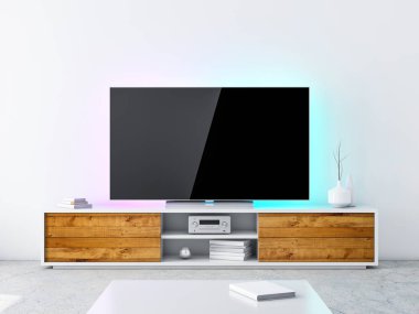 Modern odada boş ekranı olan akıllı TV Mockup, 3D görüntüleme