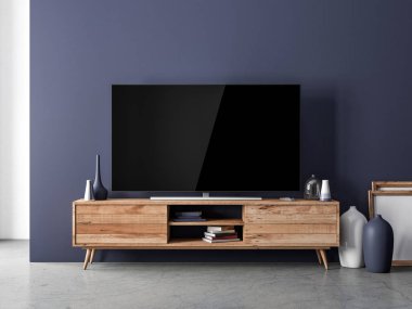Modern odada boş ekranı olan akıllı TV Mockup, 3D görüntüleme