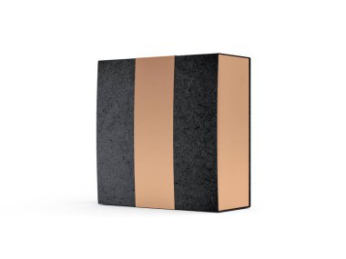 Kare siyah desenli karton kutu üzerinde altın etiket var. 3d oluşturma