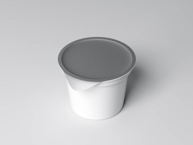 Gri arkaplan üzerinde izole edilmiş folyo kapaklı beyaz plastik konteynır modeli, 3d görüntüleme