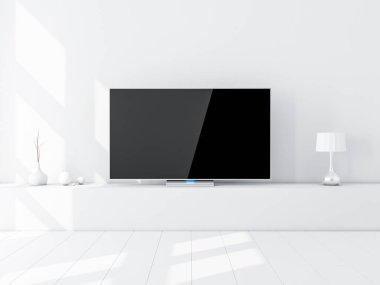 Modern odada boş ekranı olan akıllı TV Mockup, 3D görüntüleme
