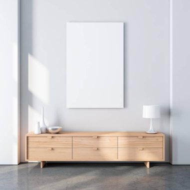 Modern iç mekanda, meşe ağacı ahşap bürosu ve dekoruyla dikey poster modeli. 3d oluşturma