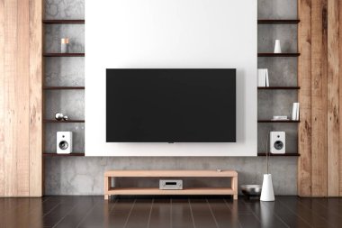 Modern odada boş ekranı olan akıllı TV Mockup, 3D görüntüleme