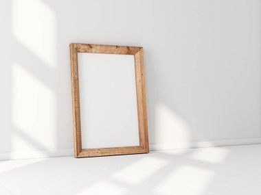 Beyaz zeminde duran büyük dikey Tahta Poster Frame Mockup. 3d oluşturma