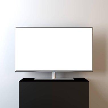 Modern Smart TV Mockup, altın çerçeveli ve ayakta duruyor. Siyah küpün üzerinde duran birinci sınıf televizyon. 3d oluşturma
