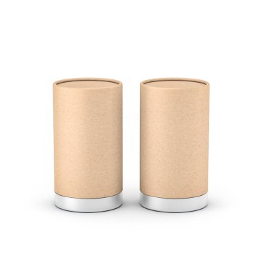 Metal kapaklı iki Kraft Kağıt Teneke Kutusu. 3d oluşturma