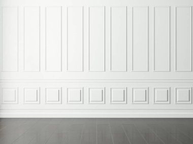 Beyaz boş oda, ahşap döşemeli, 3 boyutlu.