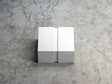 Beton masa üzerinde beyaz desenli sürgülü kutu, ön görünüm, 3D görüntüleme