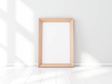 Geniş Ahşap Fotoğraf Çerçeve Poster Mockup beyaz odada duruyor. 3d oluşturma