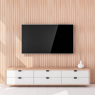 Modern odada boş ekranı olan akıllı TV Mockup, 3D görüntüleme
