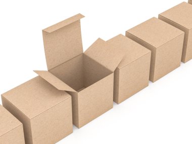 Açılmış kraft kağıt kutusu beyaz arkaplan, 3d oluşturma